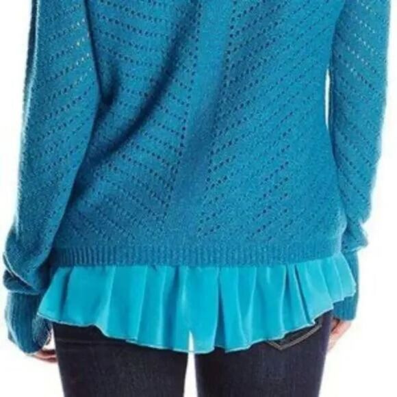 Prana Ellery Sweater Womens Small Mosaic Blue V-Neck Open Knit Ruffled Hem NWT - Picture 3 of 11